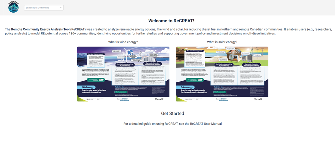 Screenshot of the cloud-based web application called the Remote Community Renewable Energy Assessment Tool (ReCREAT)