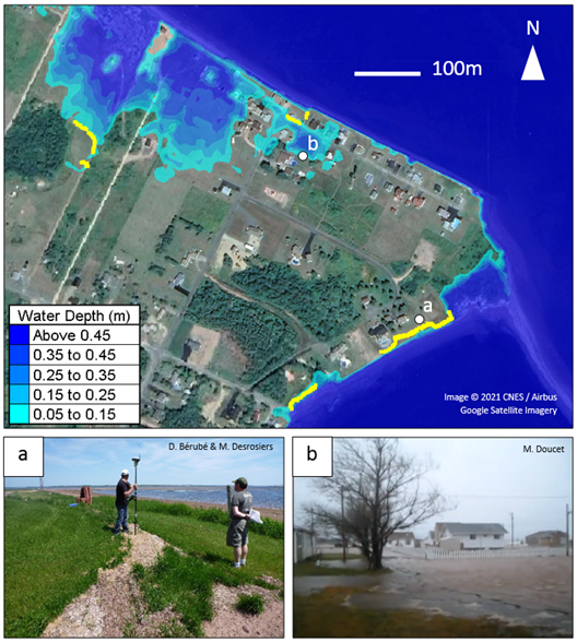 A storm surge event map, a photograph of two people conducting a debris survey, and another photograph of flooding near a tree and houses.