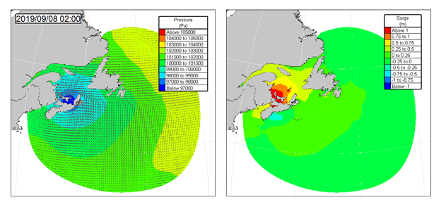 Two images of an atmospheric pressure map and atmospheric surge map showing the different levels over Eastern Canada.