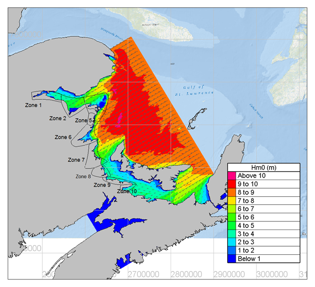 Map of the Gulf of Saint Lawrence showing a range of wave heights and peak wave directions.
