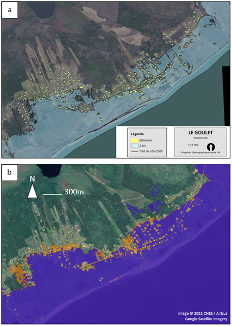 Two flood maps of a coastal region, showing building footprints and flood extents.