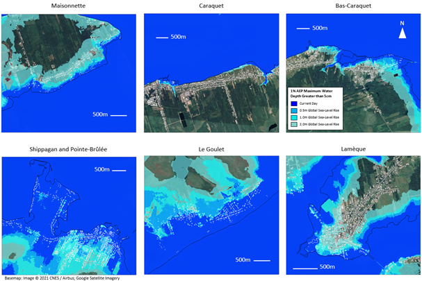 Six satellite images showing future mean sea level scenarios for different areas on the Acadian Peninsula.