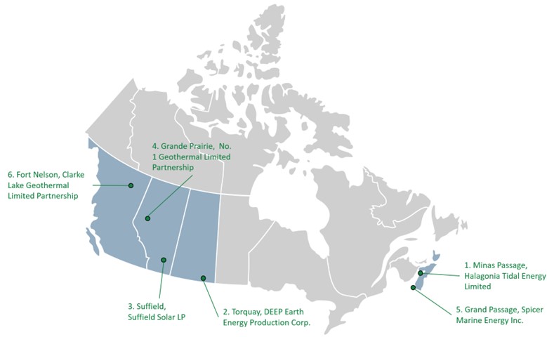 Map of Canada depicting location of Emerging Renewable Power Program projects