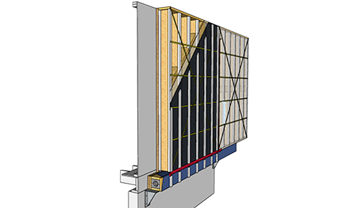 Illustration of Carbon-storing PEER panel design showing layers of materials inside a wall. 
