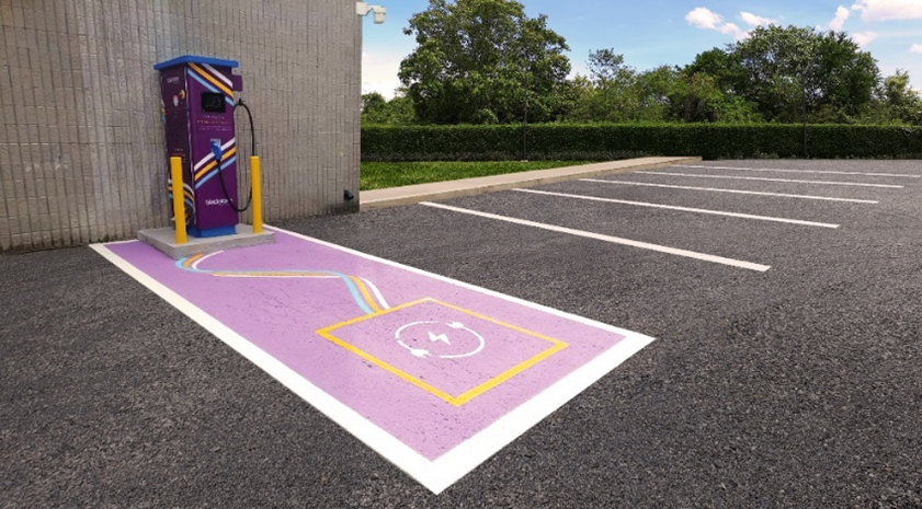 A Bidirectional EV charger installed at Brock University, positioned outdoors with connected cables, showcasing advanced charging capabilities.