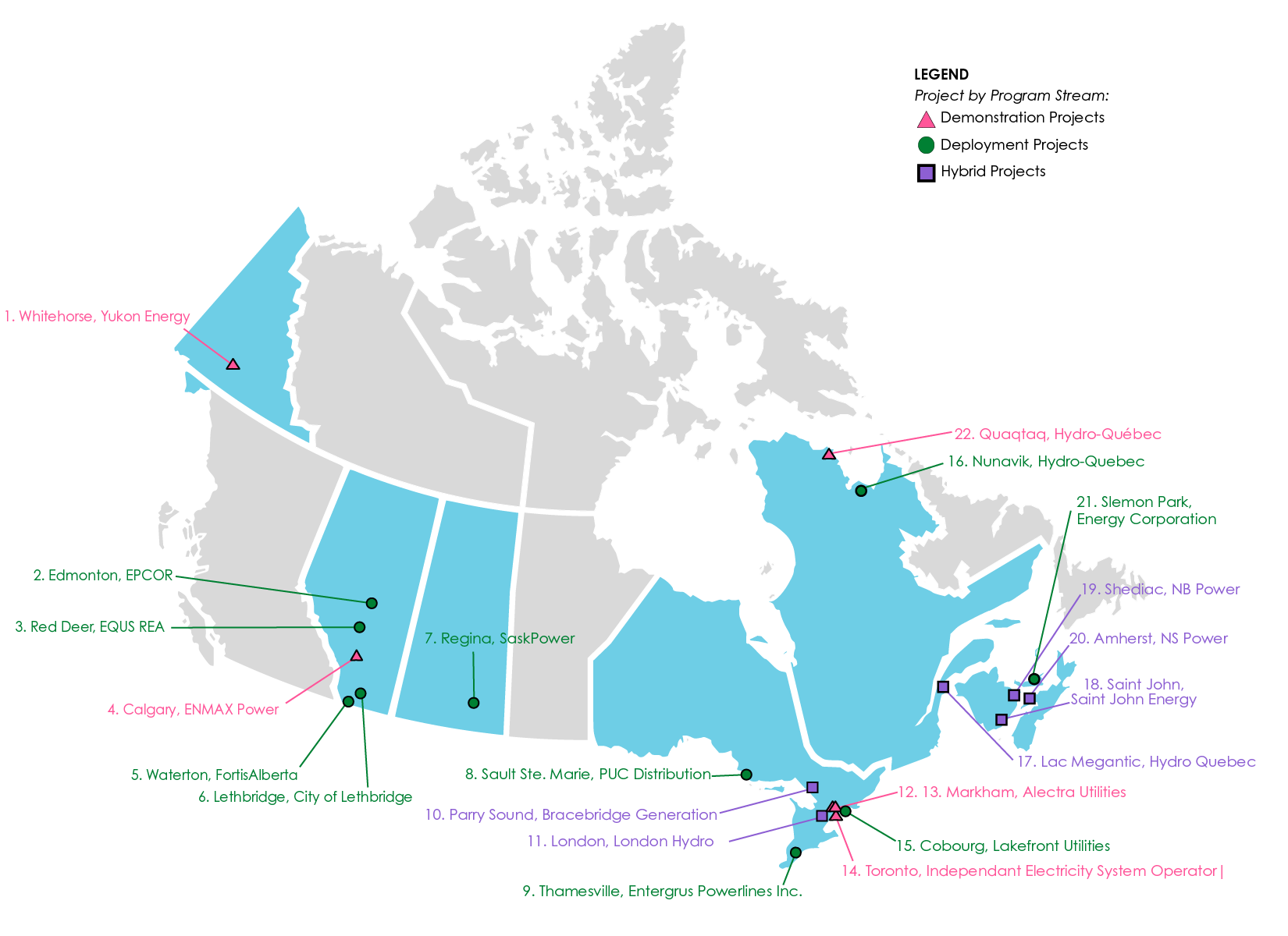 Map of Canada depicting the location of Smart Grid Program projects