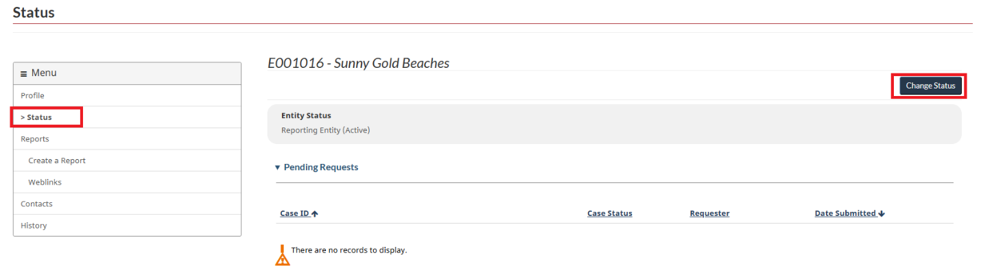 Status page showing that you must select the Change Status button to change an entity's status.