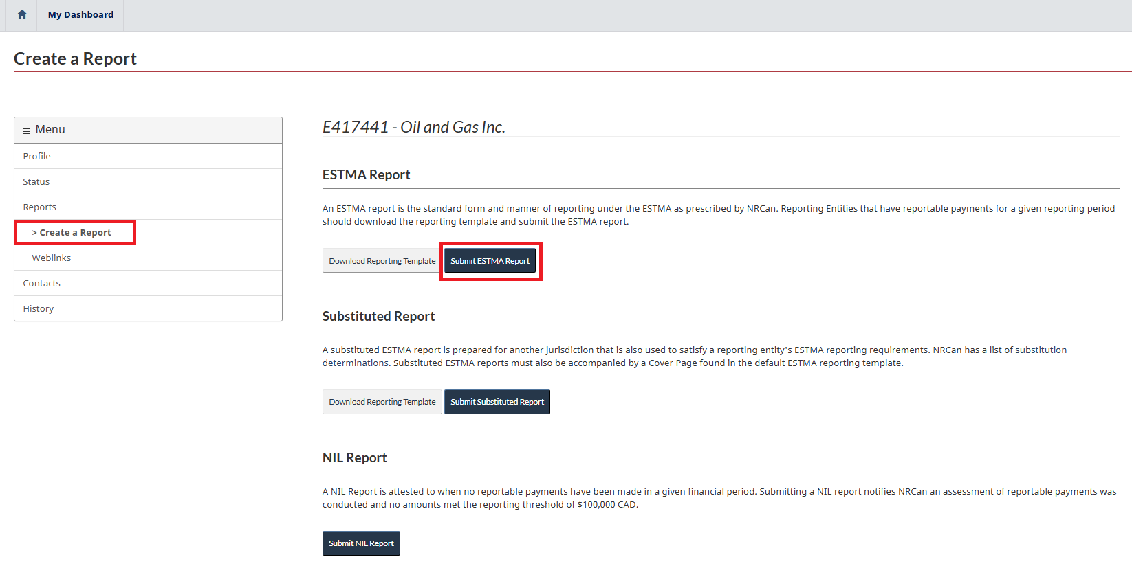 Create a Report page highlighting the Submit ESTMA Report button next to the Download Reporting Template button.