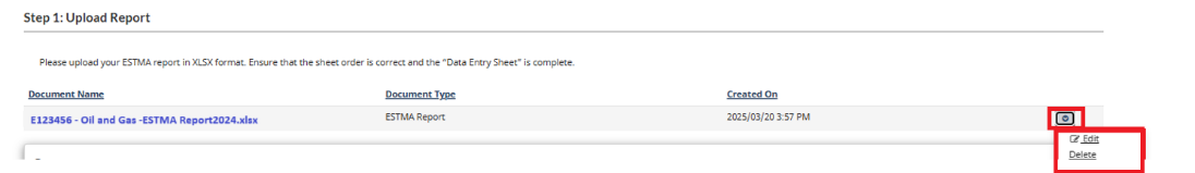 Upload report panel showing options to edit or delete a file for a report in the drop-down menu at right.