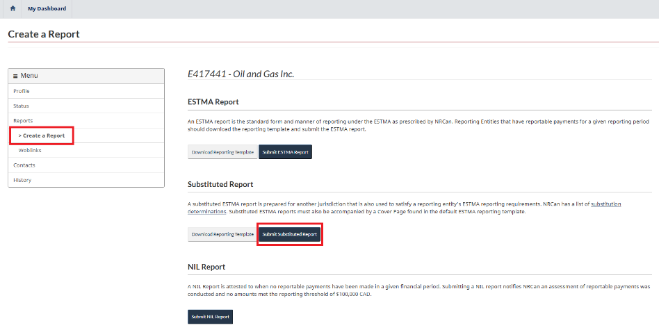 Create a report page showing option for submitting a Substituted ESTMA Report.