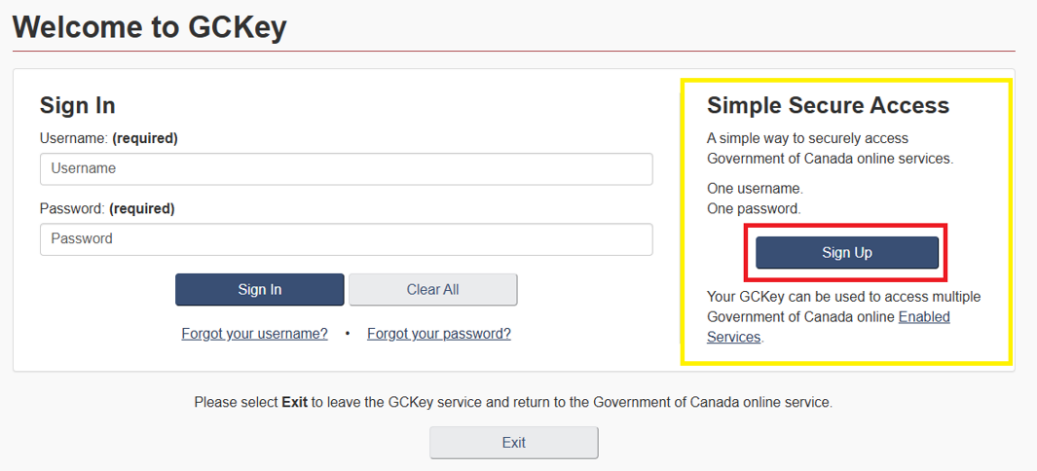 Welcome to GCKey sign in page with Sign up button highlighted.