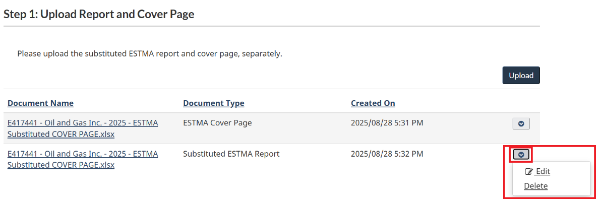 Upload report and cover page showing options to edit or delete a document in the drop-down menu at right.