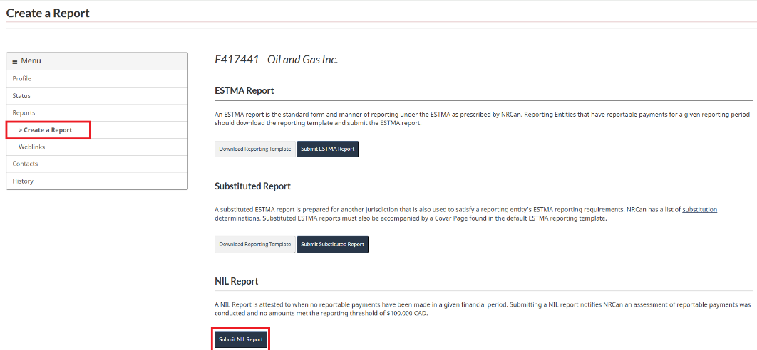 Create a Report page highlighting the option to Submit NIL Report.