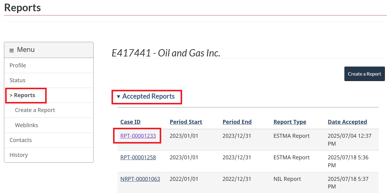 Reports page showing list of Accepted Reports with option to edit weblinks by selecting the hyperlinked case ID number.