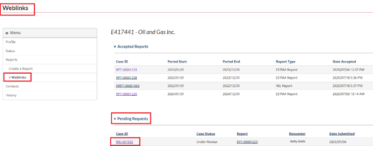Weblinks page showing list of pending requests with option to view details by selecting the hyperlinked case ID number.