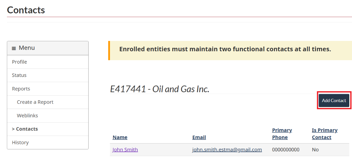 Contacts page showing that to add a contact, you must select the hyperlinked name in the contact list.