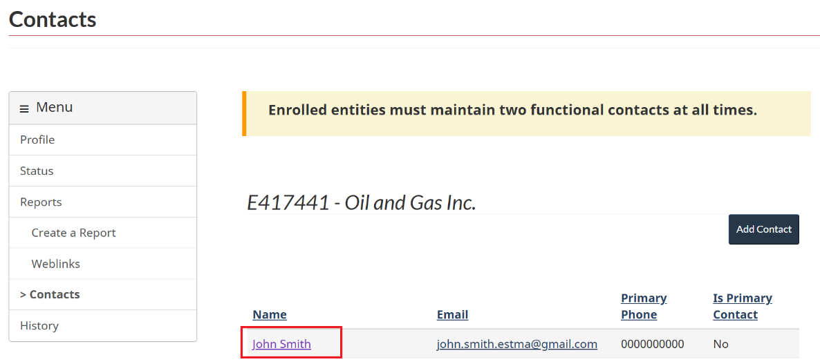 Contacts page showing that to remove a contact, you must select the hyperlinked name in the contact list.