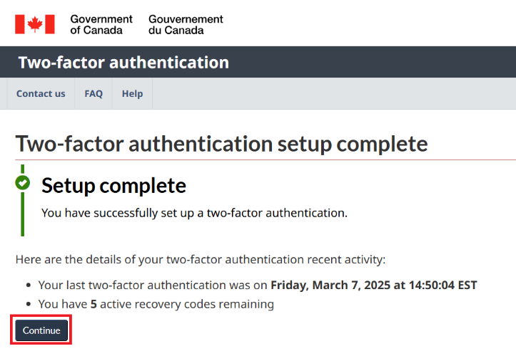 GCKey two-factor authentication confirmation page with Continue button highlighted to proceed with registration.
