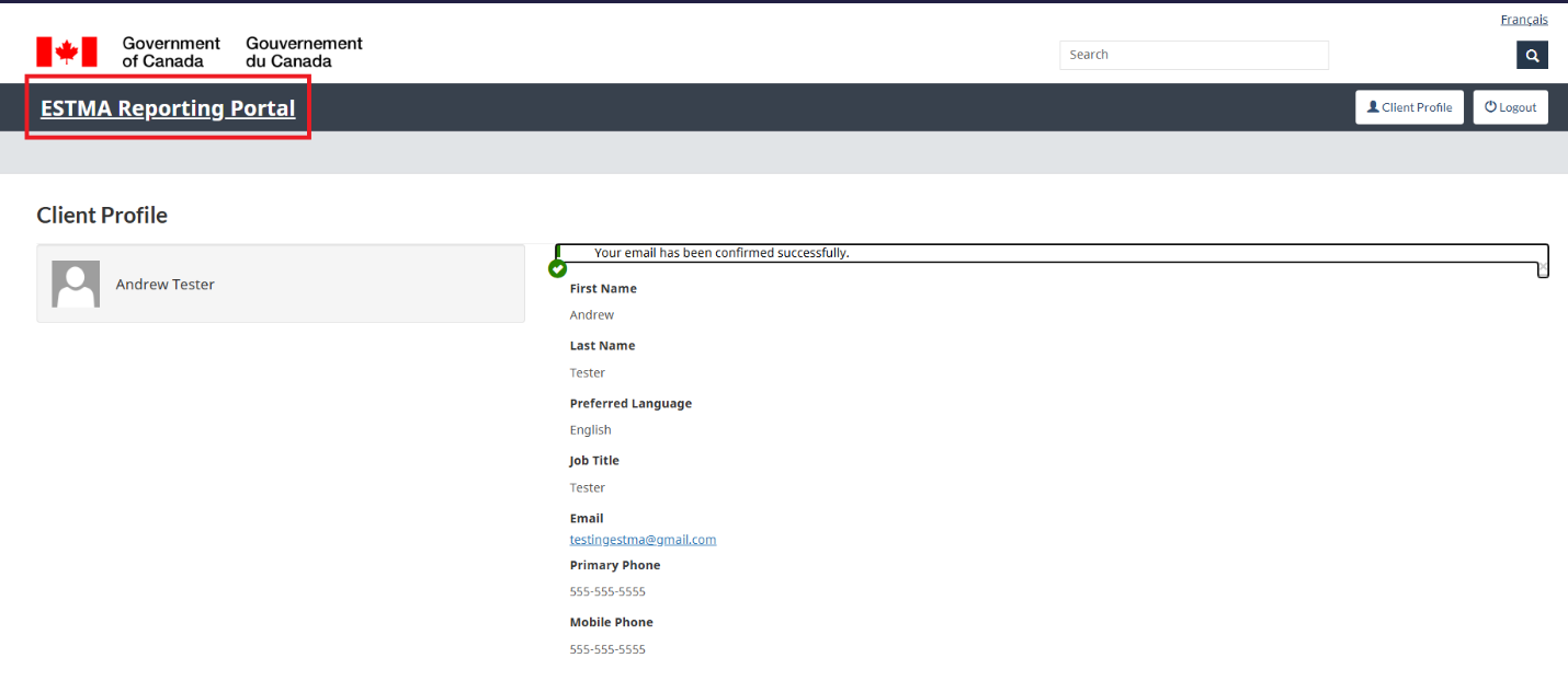 Client Profile page showing email confirmation message and profile details.