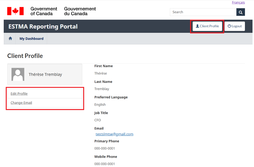 Client Profile showing that you must select Change Email to edit the profile's email address.