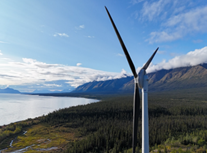 A wind turbine overlooks Kluane Lake