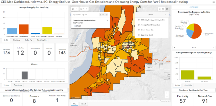 Screenshot of CEE map dashboard showing the Energy End-use, GHG Emissions and Operating Energy Costs for Part 9 Residential Housing in Kelowna, BC. 
