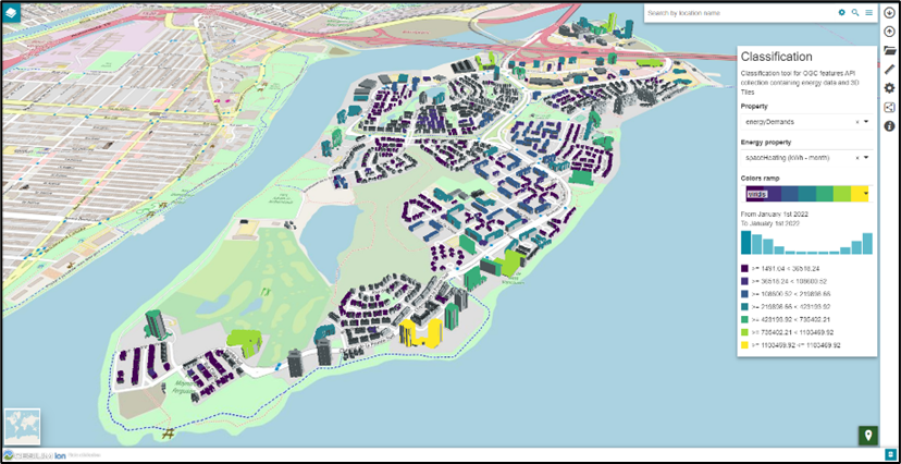 Screenshot of a prototype standards-based map of monthly heating demand on Nunns’ Island, Montreal Quebec, developed by GeoSolutions Inc for OGC Testbed-18.