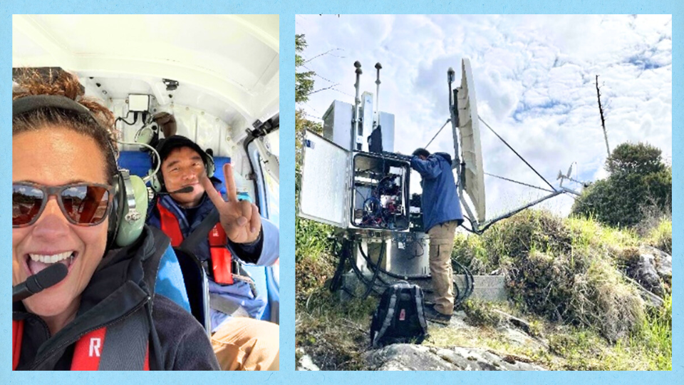 Two researchers in a helicopter. A second photo showing a man installing an EEW station on a grassy hillside.