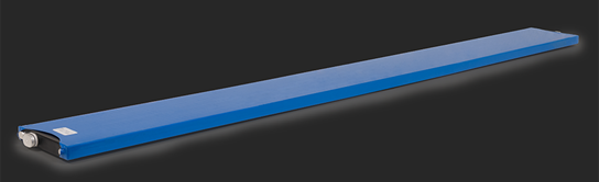 A long, thin BYD Blade C102F prismatic LFP cell with a blue rectangular casing and exposed metal terminals at one end, displayed on a dark background.