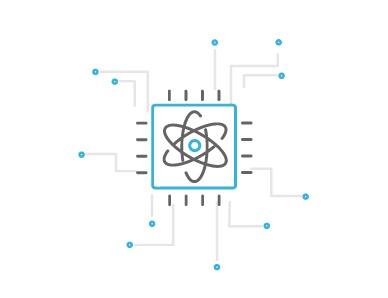 Illustration of a microchip with an atomic symbol in the center, representing quantum computing