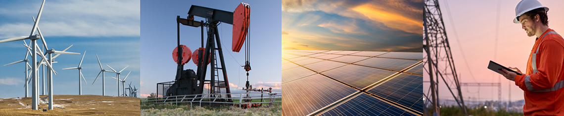 A collage of a pump jack and a solar panel