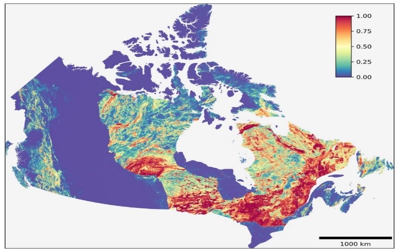 A map of canada with different colored areas