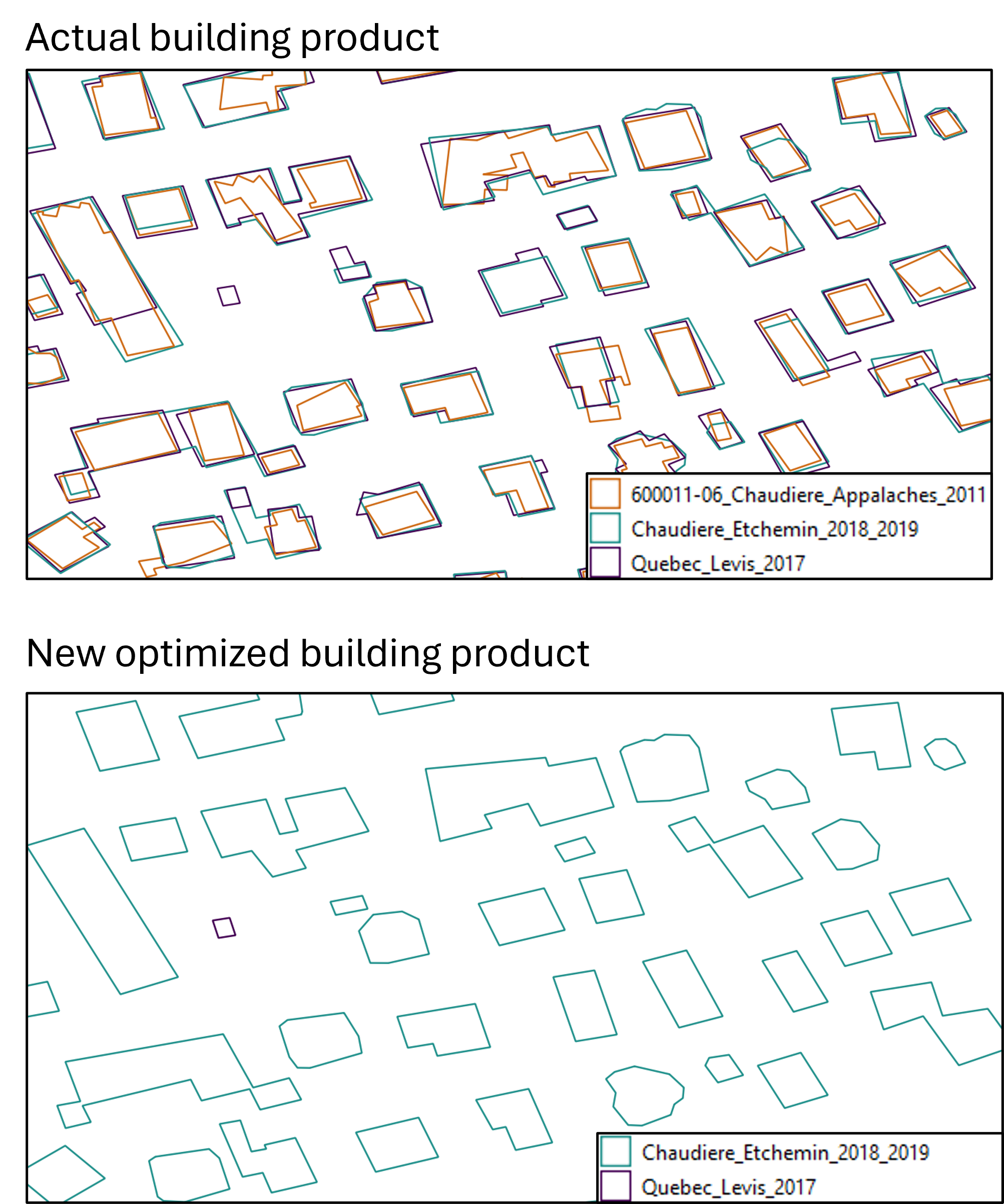 Different building footprints from multiple lidar acquisition projects.