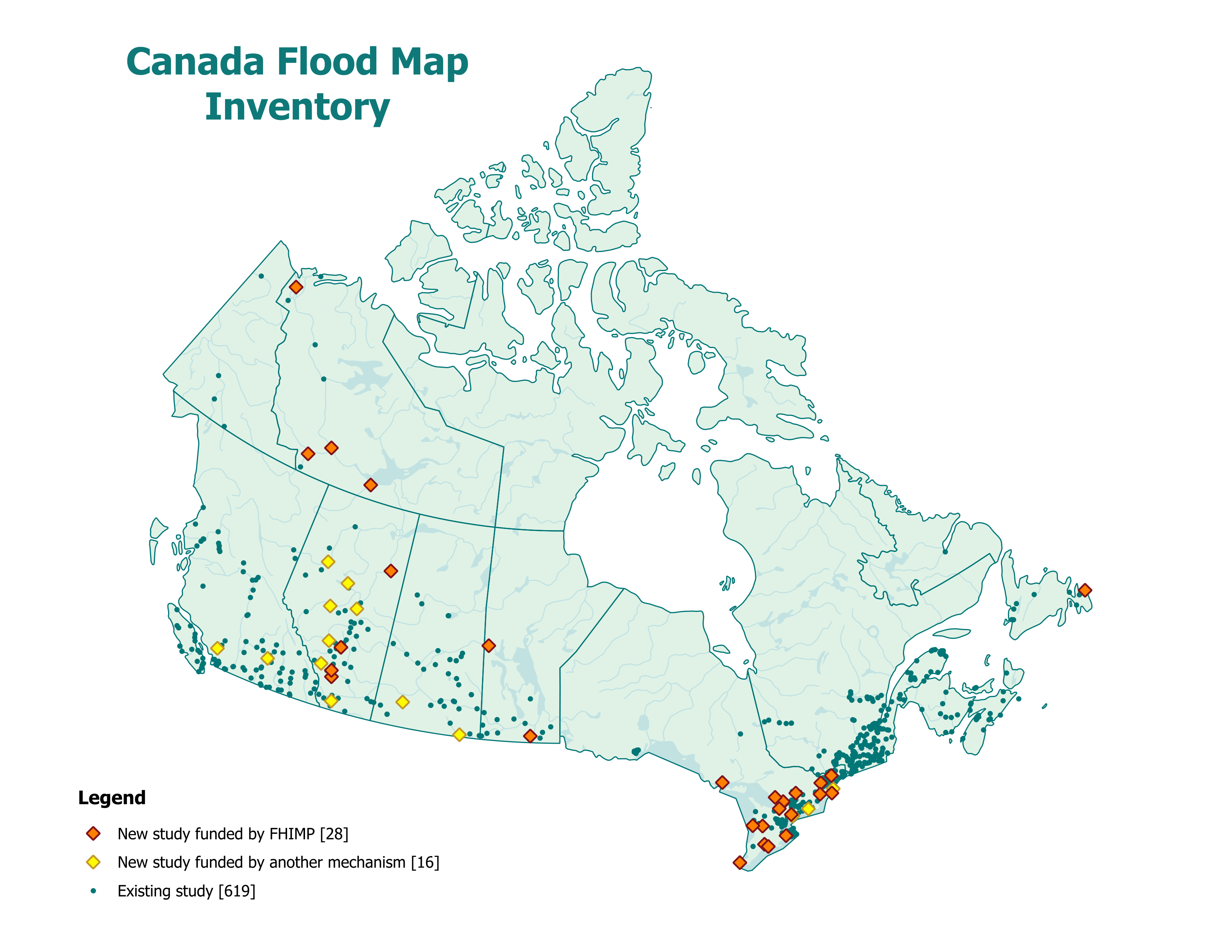 Map of Canada showing existing studies and new updates according to different funding sources.