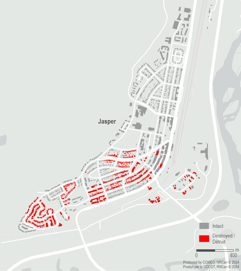Map of the Town of Jasper, Alberta showing buildings damaged by wildfire.