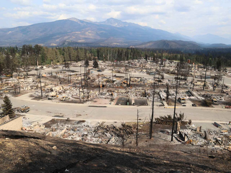 Aerial view of Cabin Creek Drive in Jasper, Alberta, following wildfire damage