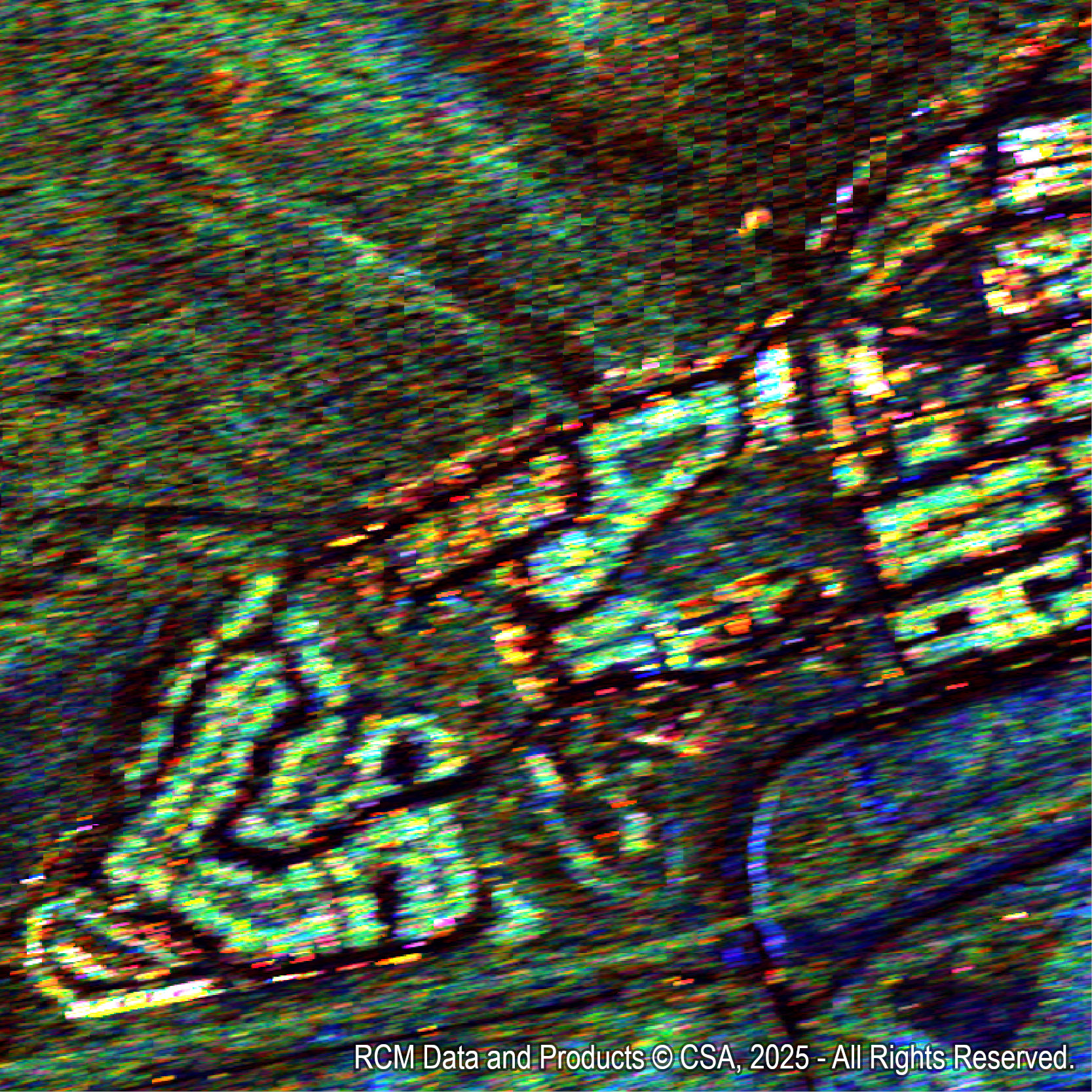 A Radarsat Constellation Mission (RCM) satellite image of the same Jasper neighbourhood,
        which helped EGS distinguish between destroyed and intact structures.