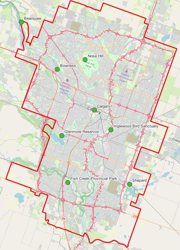 Map of seven sites from Meteorological Service Canada’ CGNNB subset located within Calgary, AB