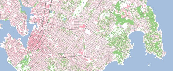 A map of Victoria, B.C. showing roads, buildings, green spaces and surface water. 