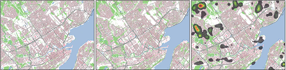 3 maps showing Quebec City in 2002, 2022 and the zones with the changes identified by AI