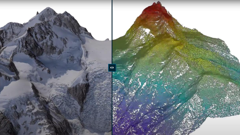 Combatant Col as an aerial imagery draped on elevation data and as an elevation-colored LIDAR point cloud