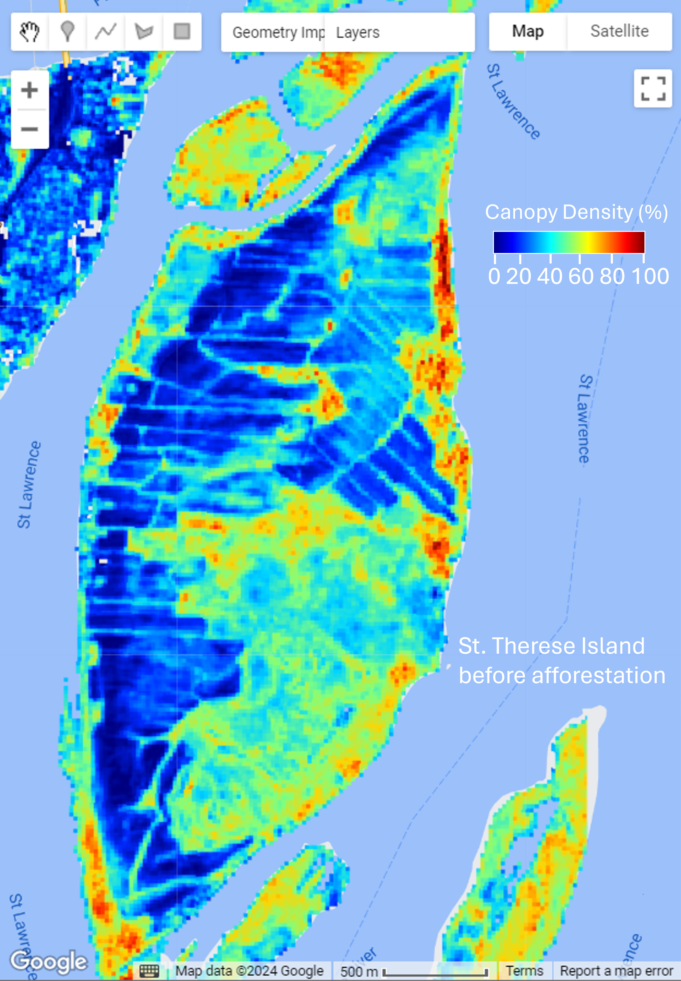 Map of Saint-Therese Island show the progress in afforestation with a color-graded scheme