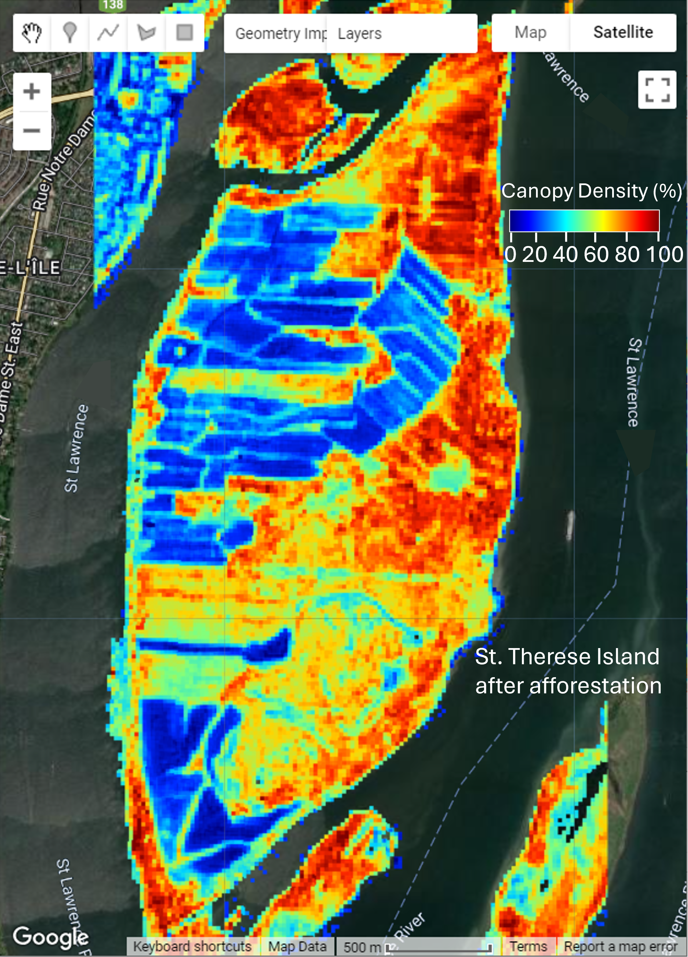 Map of Saint-Therese Island show the progress in afforestation with a color-graded scheme