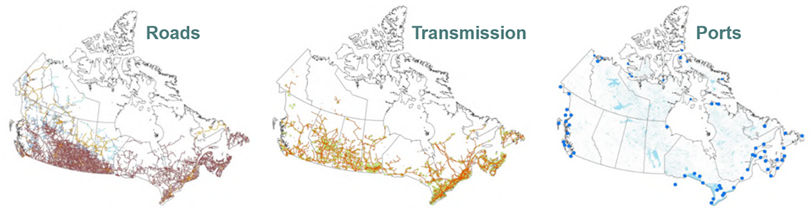 Three maps show heavy southern distribution of road, transmission and port infrastructure across Canada.