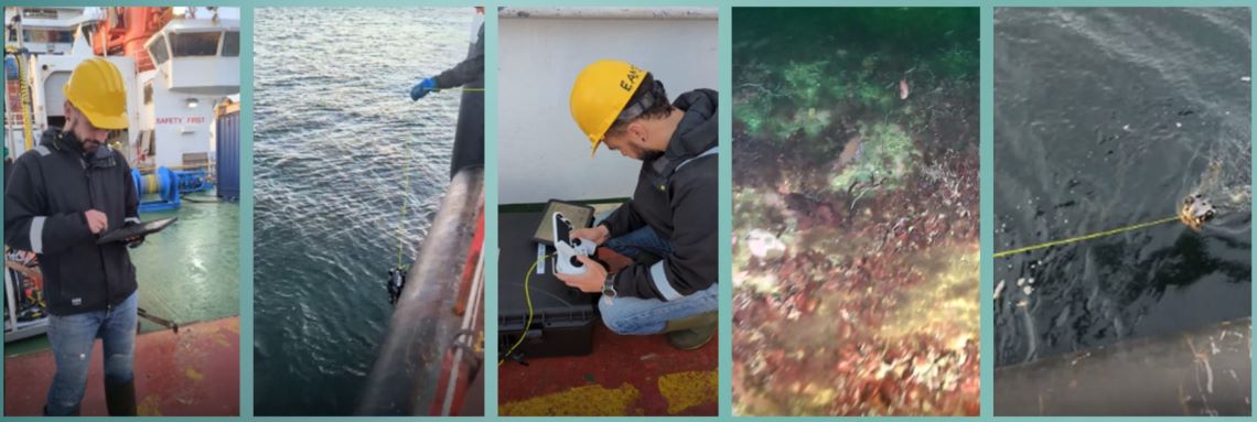 Compilation image of researchers lowering a small remote-control vehicle over the edge of a ship.