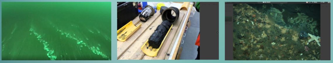 Compilation of images: the deep ocean floor; a tool showing a core extracted from the seabed; the ocean floor showing a variety of textures and objects.
