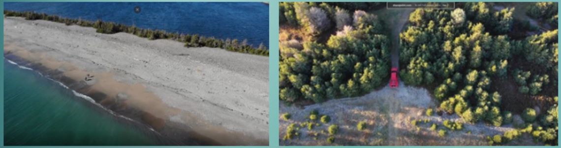 Compilation: an aerial image of a wide beach with two people walking along the shoreline in the distance; an aerial photograph of a wooded area off the side of the beach with a red truck parked among the trees.