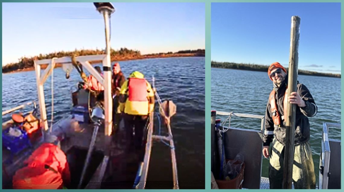 Compilation: Two people operating equipment on a small vessel heading out to sea; a researcher holding a core sample in his hands on the side of the vessel.