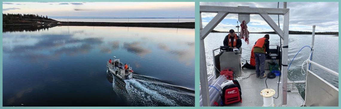 Compilation: A small, two-person vessel at sea near the shore; two people operating equipment on the vessel.