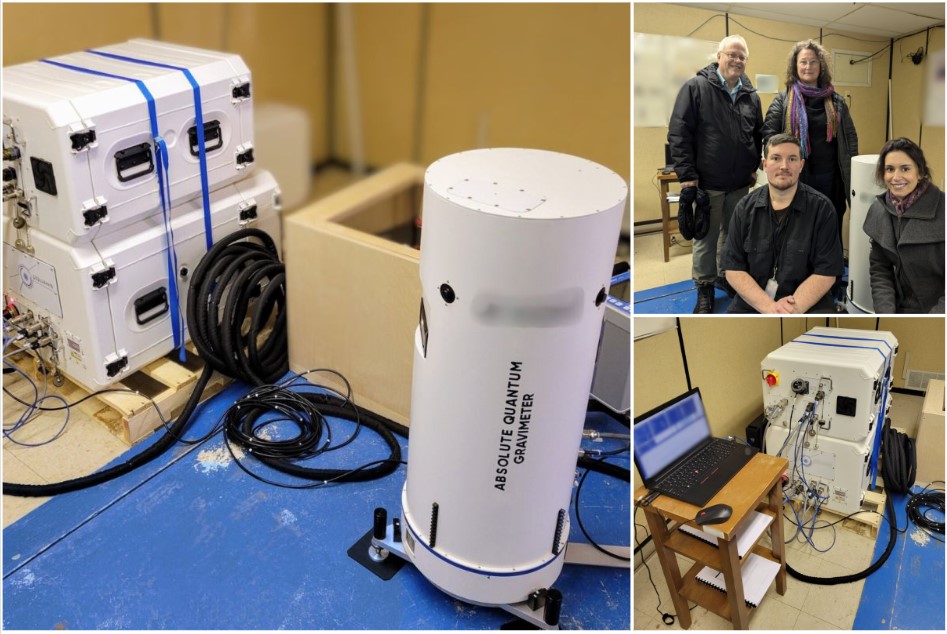 A three-photo collage showing a white cylindrical instrument labelled “Absolute quantum gravimeter” set up indoors beside electronic equipment. One photo shows the research team standing and kneeling beside the instrument, while another shows the gravimeter connected to a laptop computer. 